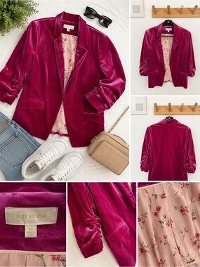 Skies Are Blue Hot Pink Velvet Blazer XS | Ruched Sleeve Open Front